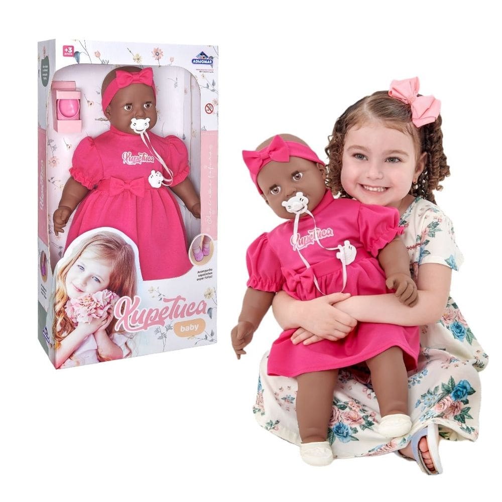 Boneca Bebê Xupetuca Negra Olho Móvel Chupeta e Sapatinhos