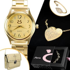 Colar + Anel + Relogio Feminino Banhado Aço Presente Inoxidavel Casual Qualidade Premium Social Ouro