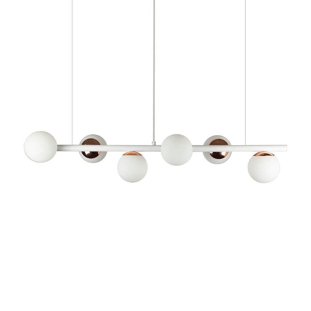 Lustre Pendente Figo Branco / Cobre - 6 Globos Esfera De Vidro Branco