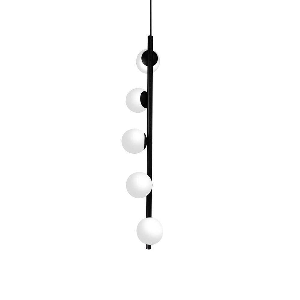 Lustre Vertical Figo Preto - 5 Globos Esfera De Vidro Branco