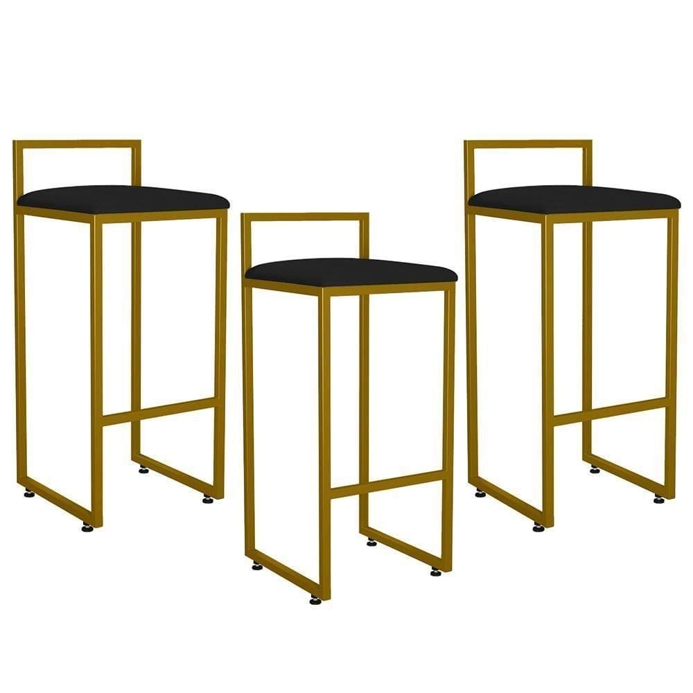 Kit 03 Banquetas Altas Cozinha Hanna L02 Dourado Preto