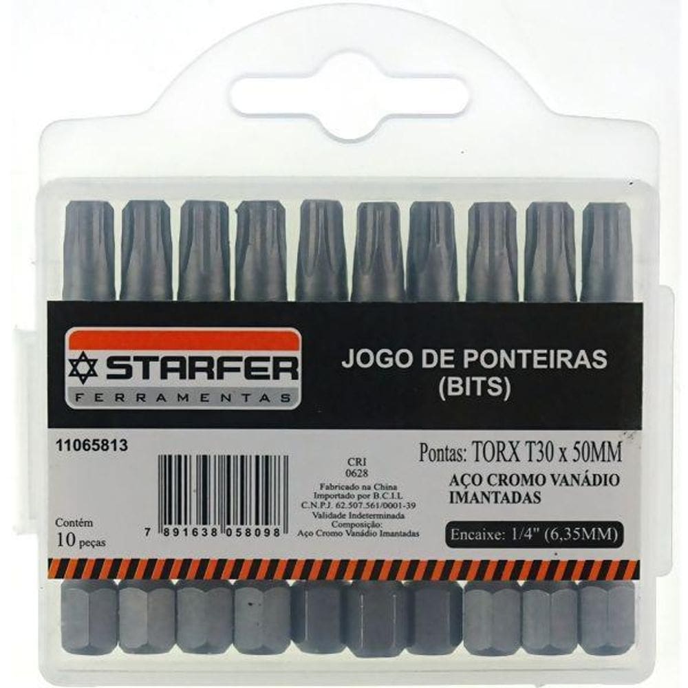 Jogo 10 bits ponta torx 30 para parafusadeira 50mm starfer