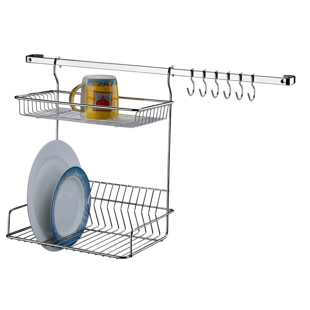Kit Escorredor De Louças Duplo Com Barra Ganchos De Parede Para Cozinha Cromado - Future