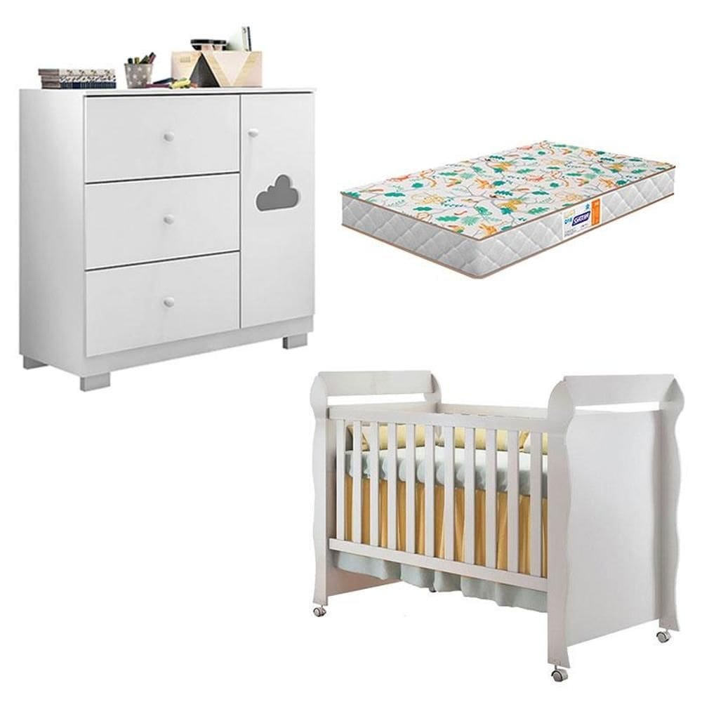 Berço Americano Mirelle e Cômoda Infantil Ane Branco Brilho com Colchão Gazin – Phoenix Baby