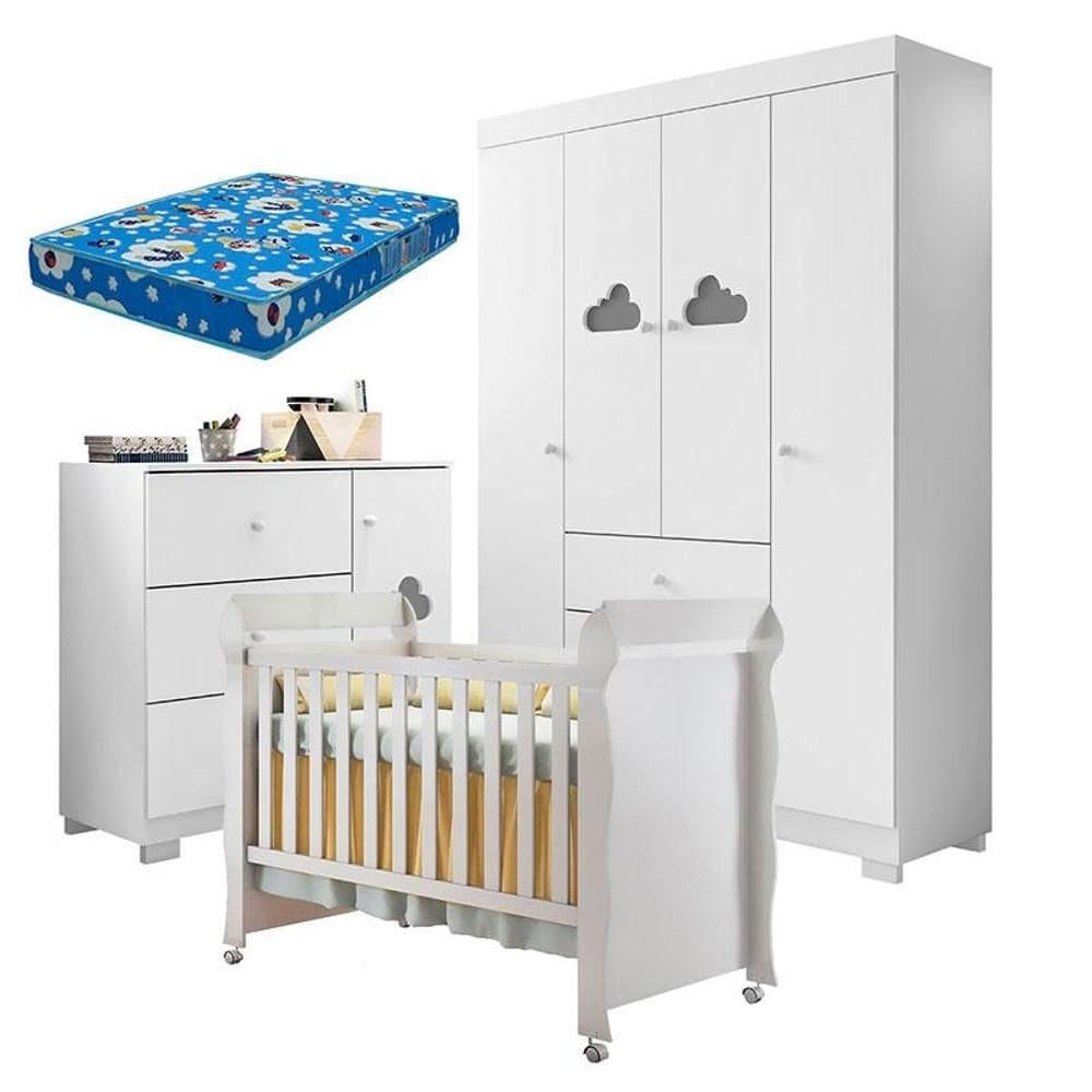 Quarto de Bebê Ane com Berço Americano Mirelle Branco Brilho e Colchão Ortobom – Phoenix Baby
