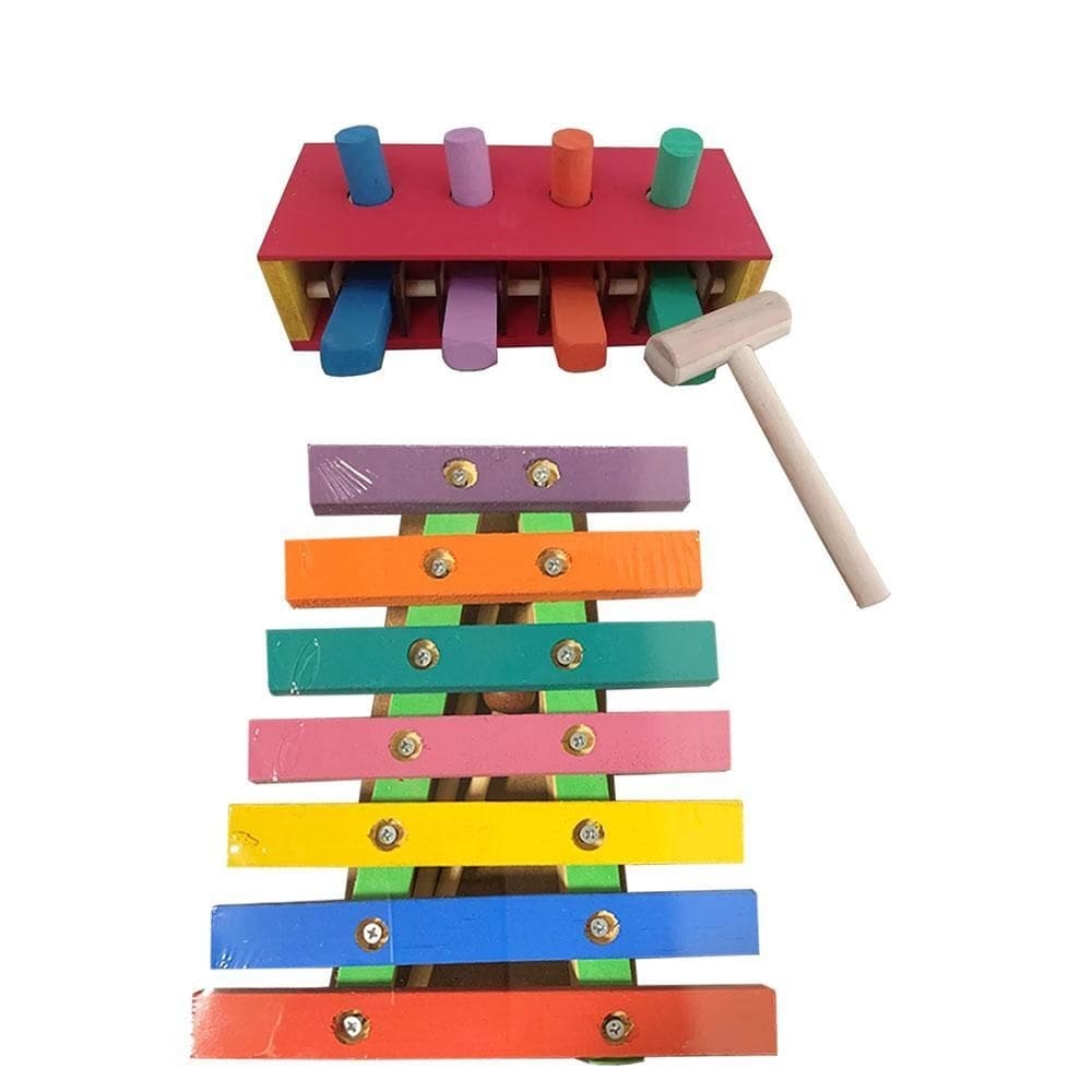 Kit brinquedo infantil xilofone e bate pinos em madeira