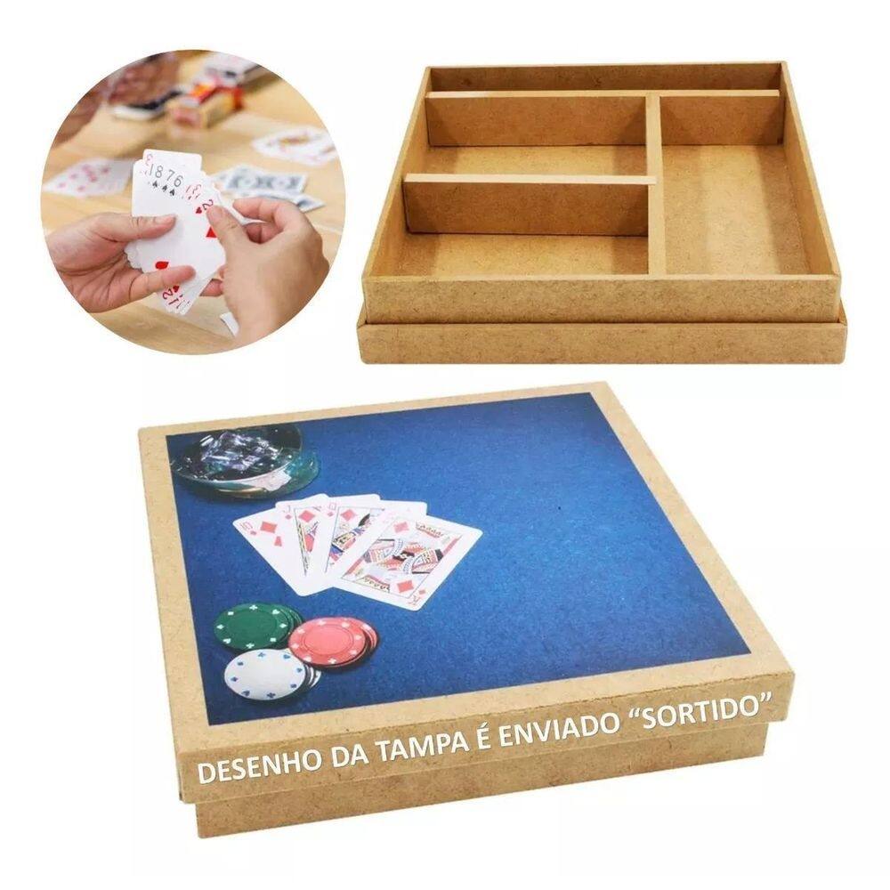 Caixa porta baralho madeira para 2 baralhos - 4 divisorias