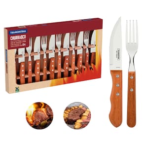 Kit Churrasco Jogo de Talheres Jumbo com Cabo de Madeira 12 peças Tramontina Serve 6 Pessoas