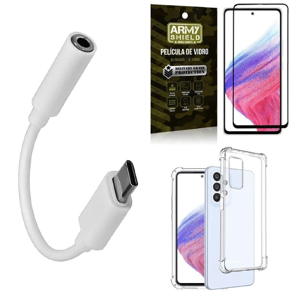 Capa samsung a53 + adaptador fone tipo c/p2 + película 3d