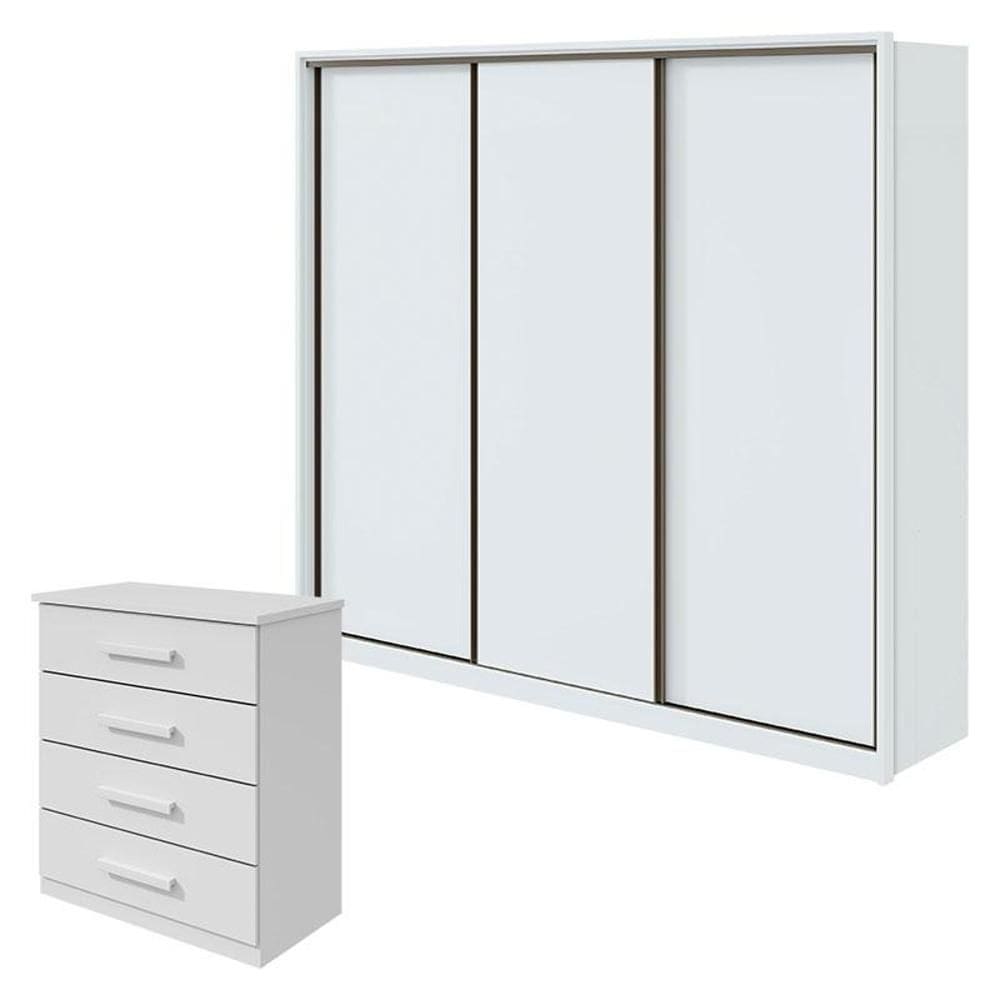 Guarda Roupa Spazio 270 e Cômoda Baião Branco Brilho - Lopas
