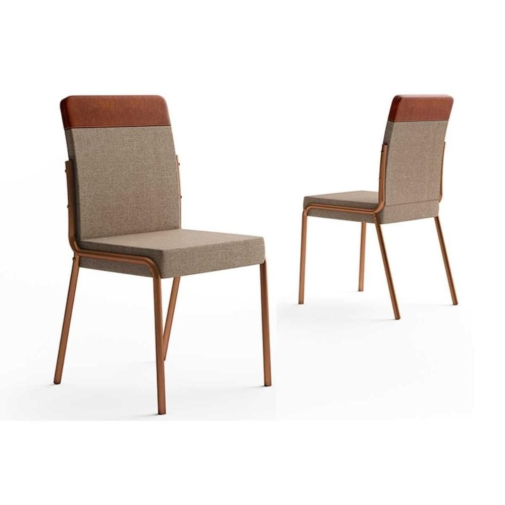 Cadeira Sala de Jantar Duo 1739 Aço Kit 2 Uni Cobre/Linho Areia/Courino Caramelo - Carraro