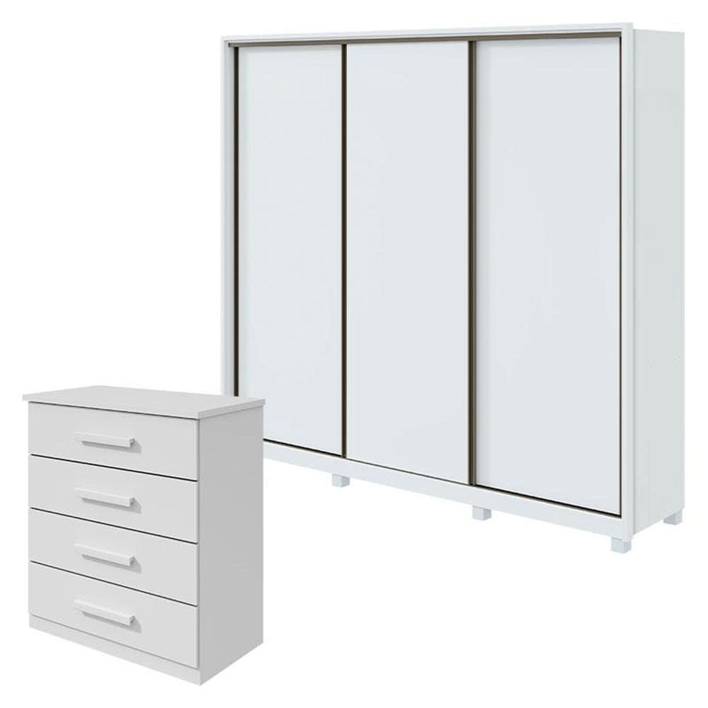 Guarda Roupa Spazio 270 com Pés e Cômoda Baião Branco Brilho - Lopas