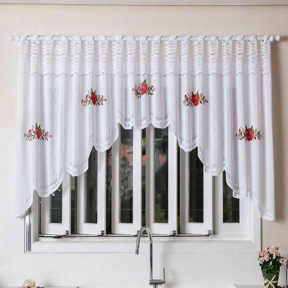 Cortina bando renda cascata branca 3,00 m x 1,00 alt rosas