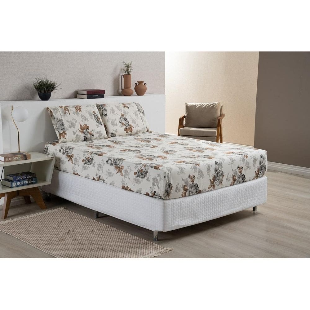 Kit De Lençol Estampado Com Fronha King 80% Algodão Floral