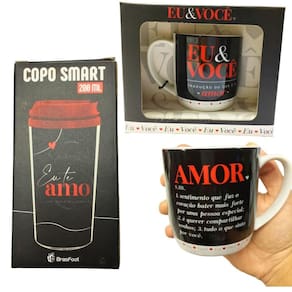 Kit 1Un Caneca Preta 300Ml Café Eu E Você + 1 Un Copo