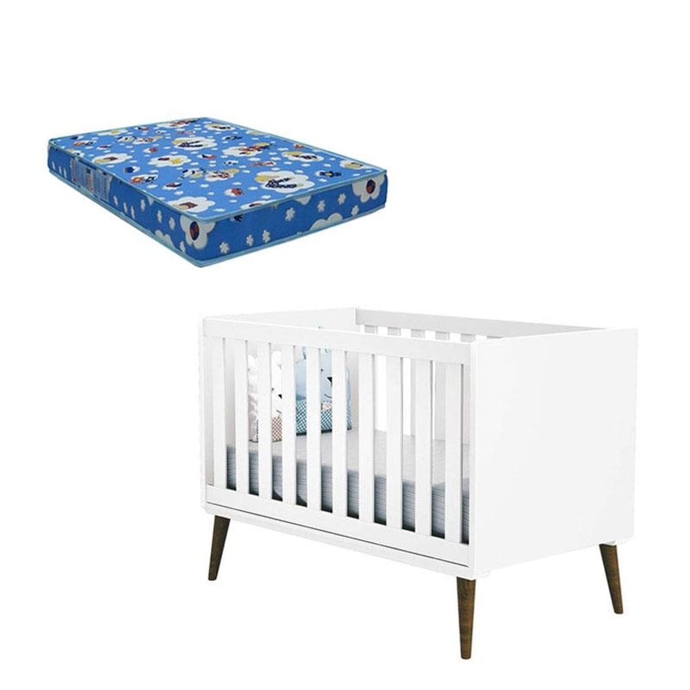 Berço Americano Theo Branco Acetinado com Pés Amadeirados e Colchão - Reller