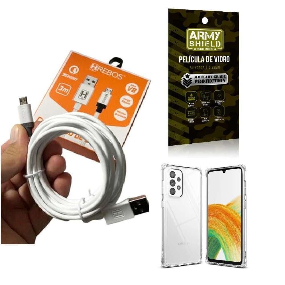 Capinha samsung a33 com cabo turbo e película de vidro 3d