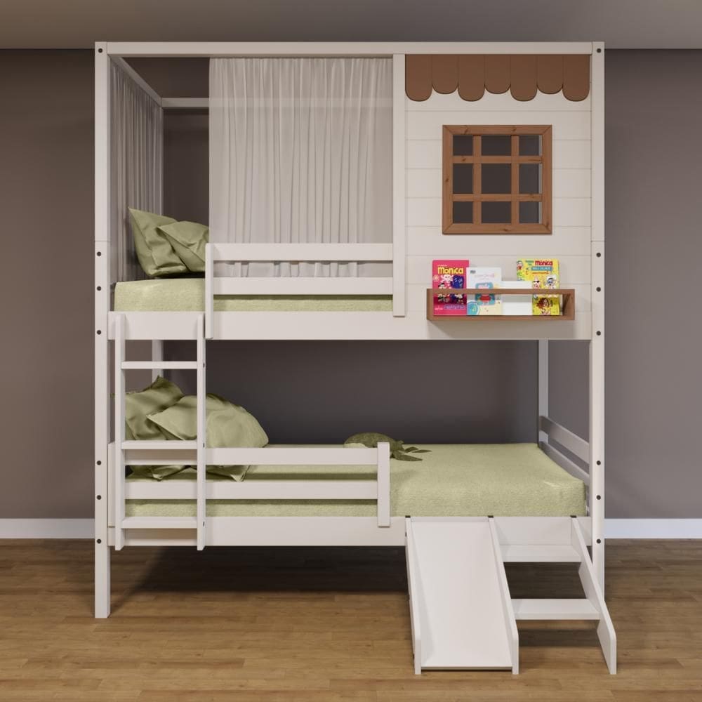 Beliche Casinha Reta com Grade Removível Escorregador e Cortina Madeira Maciça Branco/ Amêndoa Housin