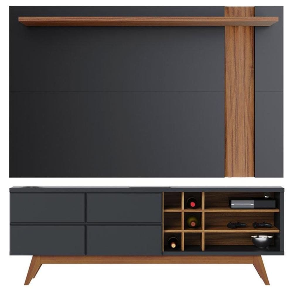 Rack Bancada Noronha 1.8 com Painel para Tv Suspenso Extensivo Leme Preto Acetinado Noce Milano - Colibri