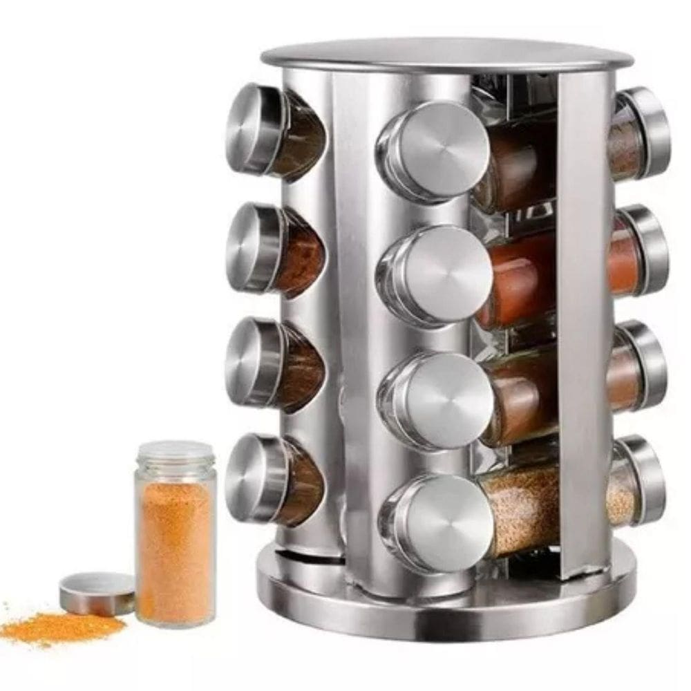 Porta Condimentos Giratório  Inox/Vidro 16 Peças