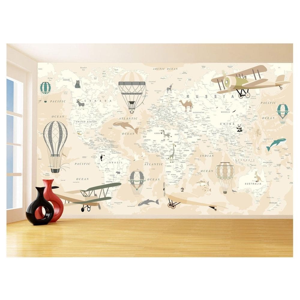 Papel De Parede 3D Mapa Mundi Kids Avião Balão 3,5M Nmu91