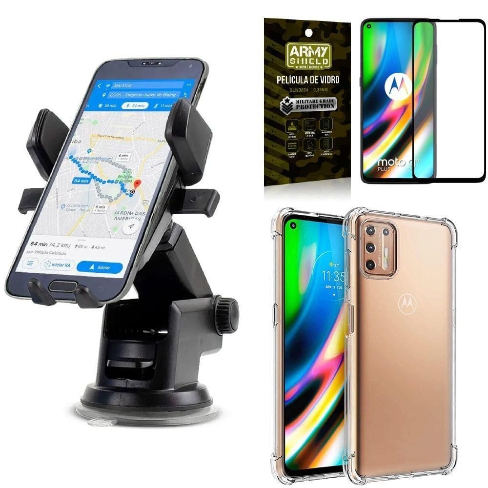 Capa moto g9 plus + suporte veicular automatic + película 3d