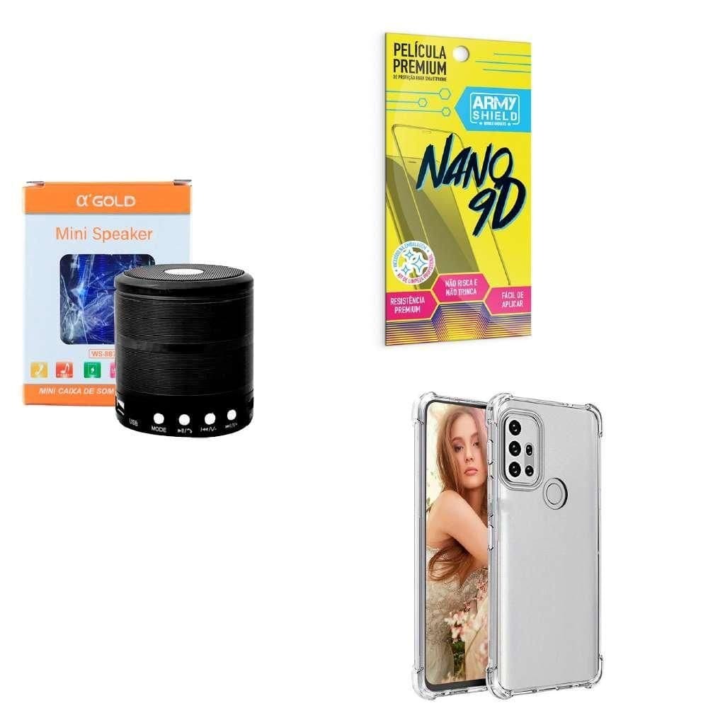 Kit caixa de som + capinha motorola g30 + película 9d