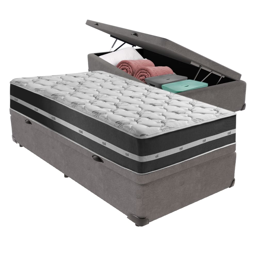 Cama Box Solteiro Preto com Base Baú Cinza Classic Anjos