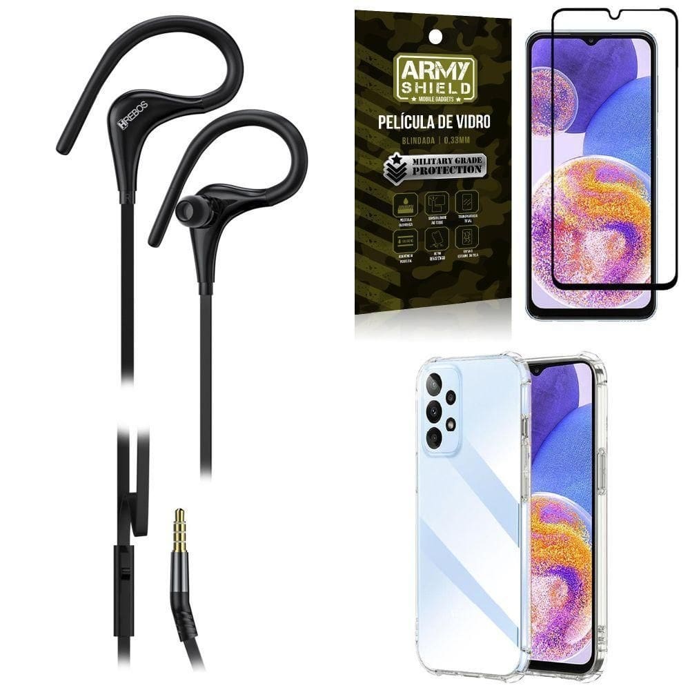 Kit capinha a23 4g + fone de ouvido sport hs92 + película