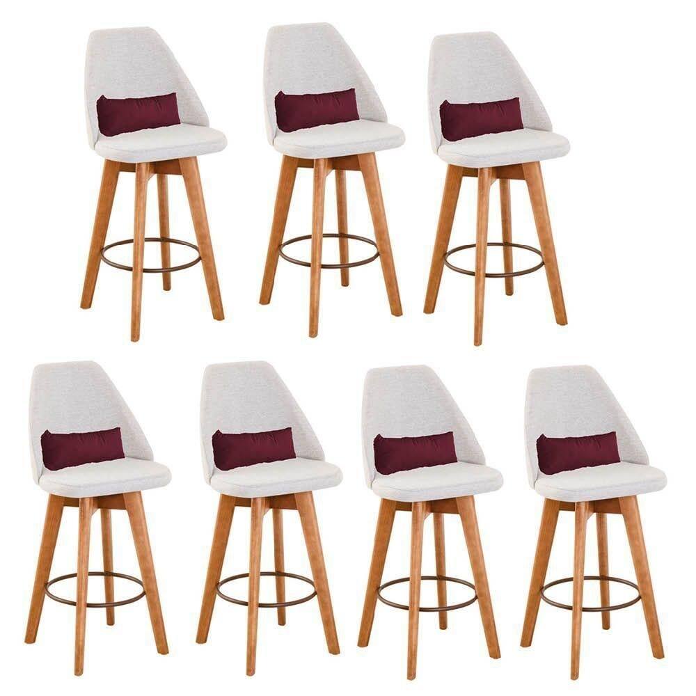 Kit 07 Banquetas Bege Claro E Almofada Suede Bordô