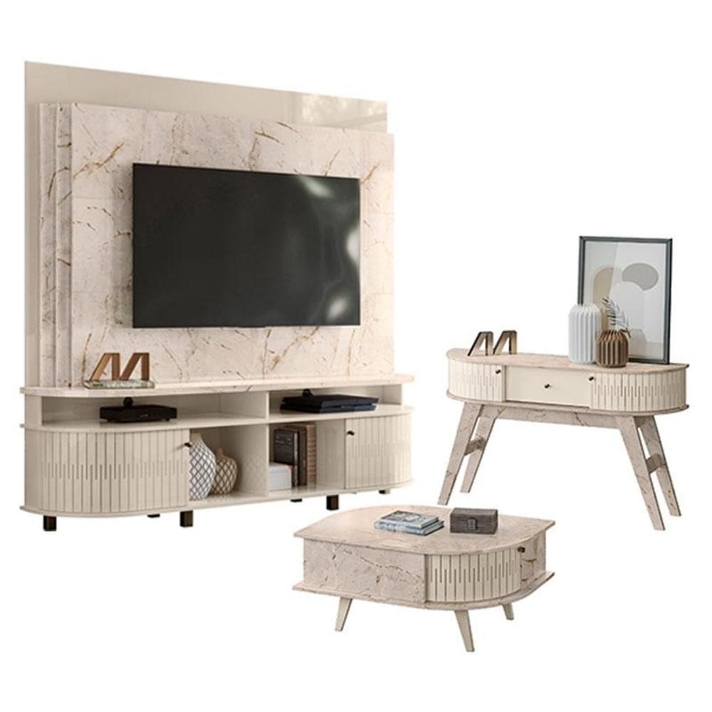 Estante Home Theater Daytona com Aparador Estoril e Mesa de Centro Indianápolis Calacata Off White – Madetec
