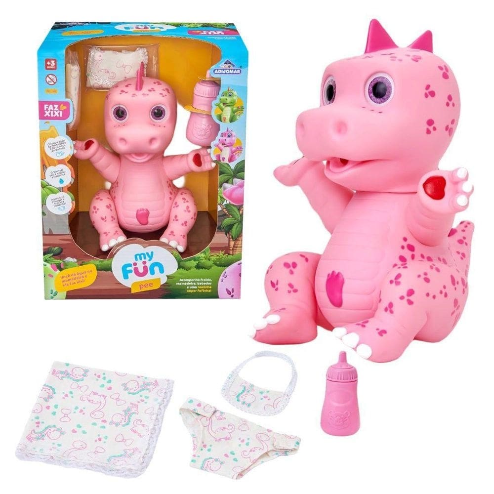 Boneco Dinossauro Faz Xixi Rosa + Mamadeira Fralda E Babador