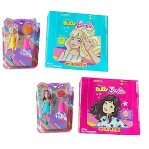 Kit 2 caixas chiclete barbie com 100 un + 2 bonecas patty