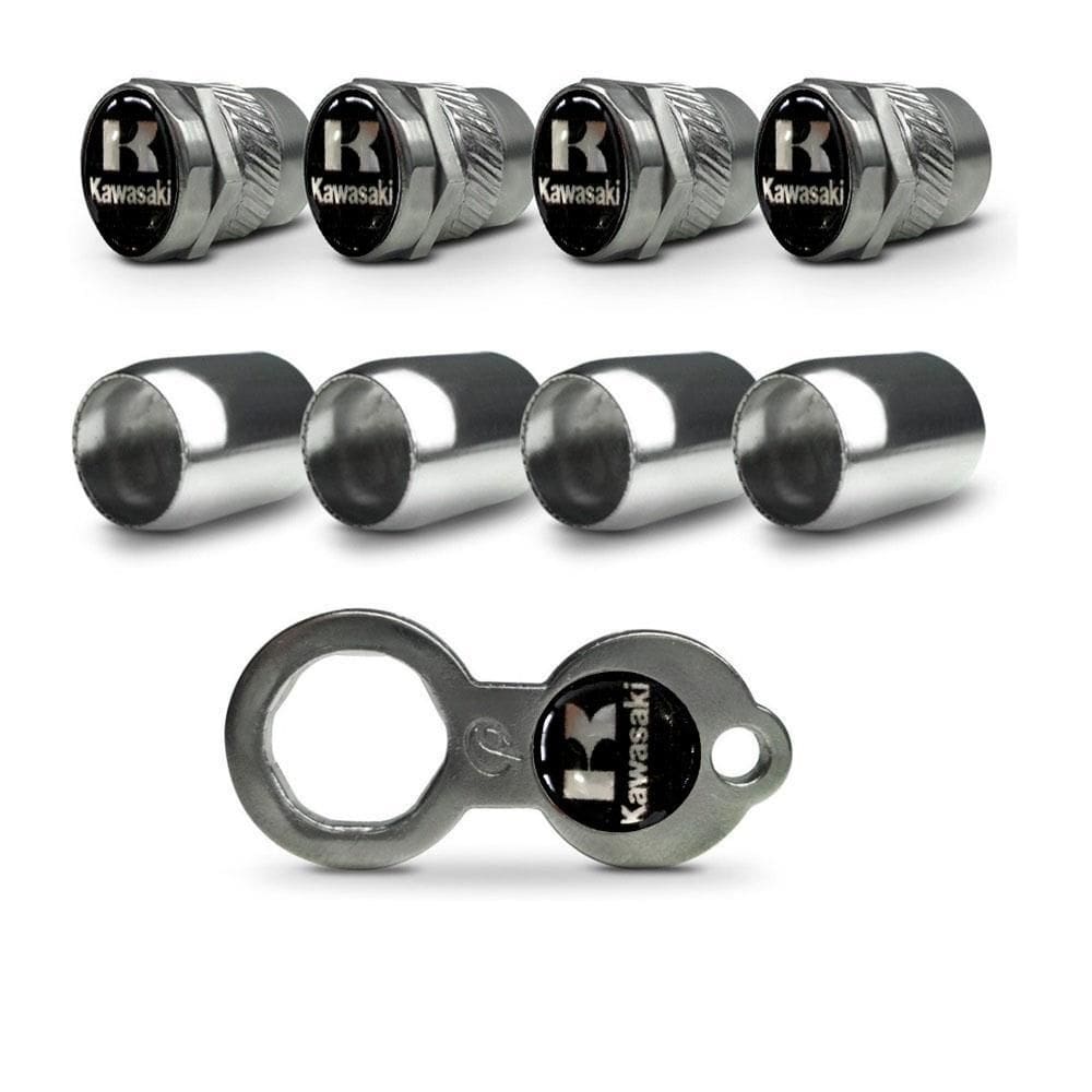 Tampa bico valvula pneu roda inox moto kawasaki logo prata