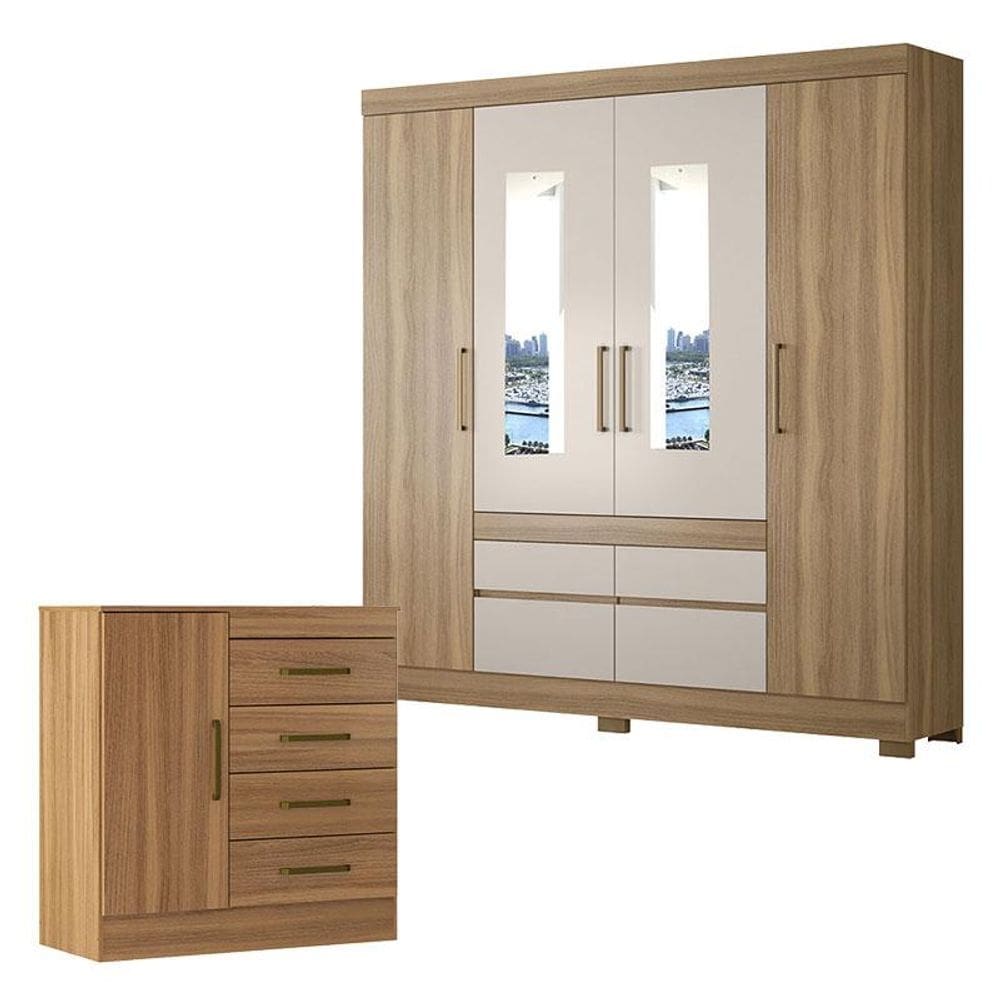 Cômoda Montevidéu e Guarda Roupa Casal Bilbao Amêndola Off White com Espelho - Demóbile