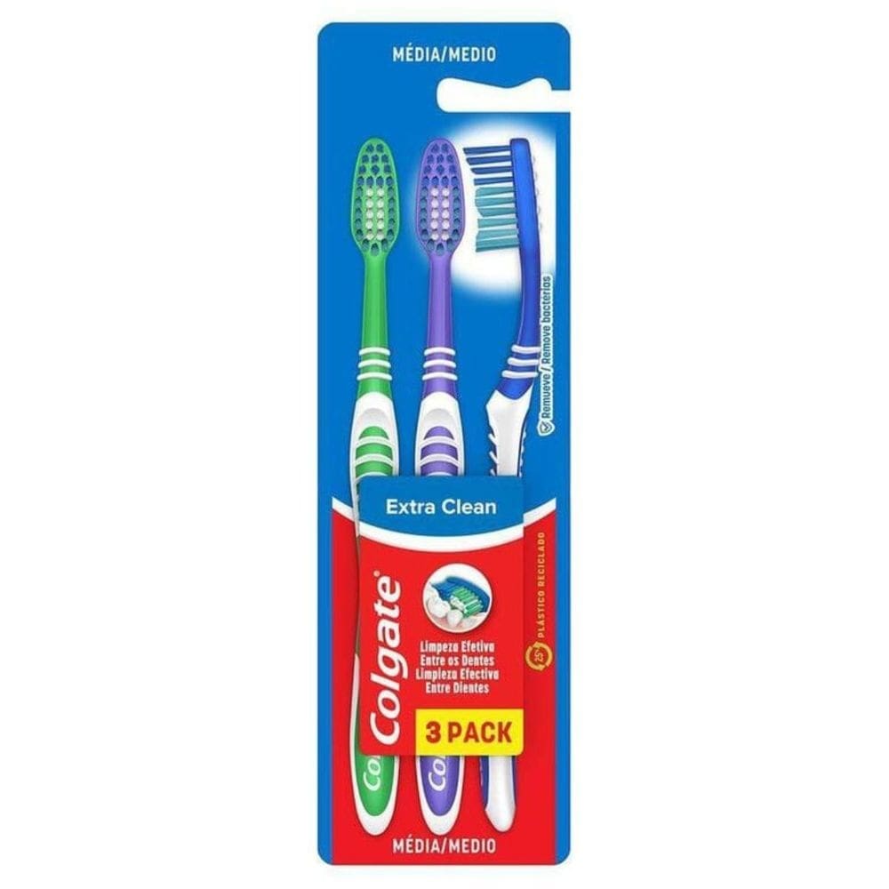Escova colgate extra clean media 3 pack limpeza efetiva