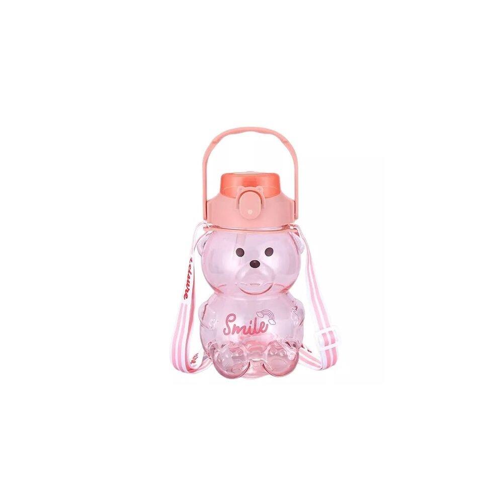 Garrafa de água anti-derramamento de 1 litro rosa Kawaii Bear com bastão 3D