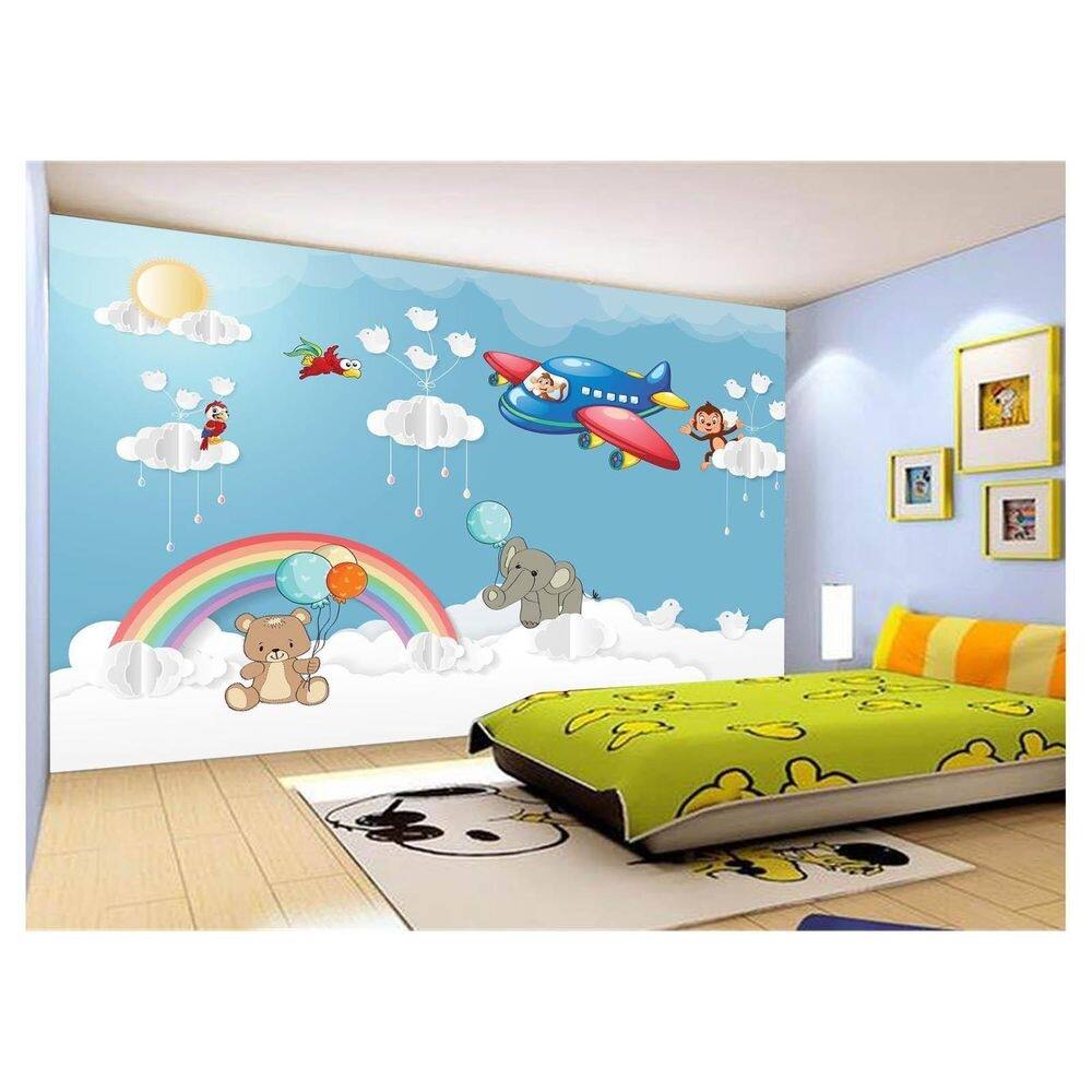 Papel De Parede Infantil Nuvens Animais Avião 3,5M Azs351