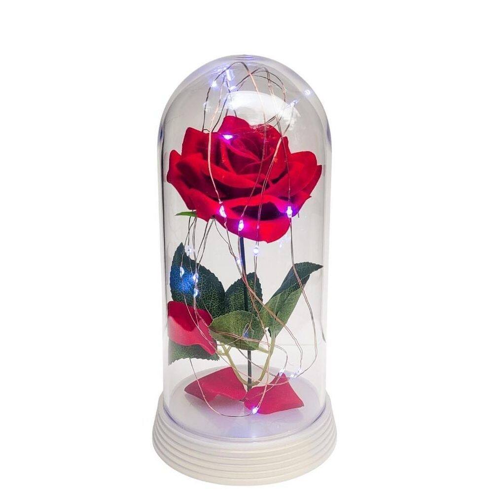 Luminária a rosa encantada vermelha 20 cm base pérola frio