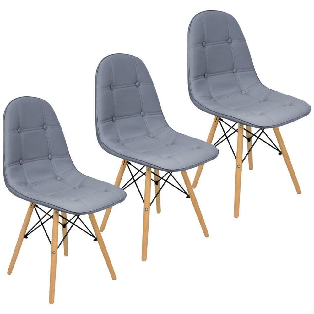Kit 3 cadeiras charles eames botonê eiffel wood estofada couro cinza