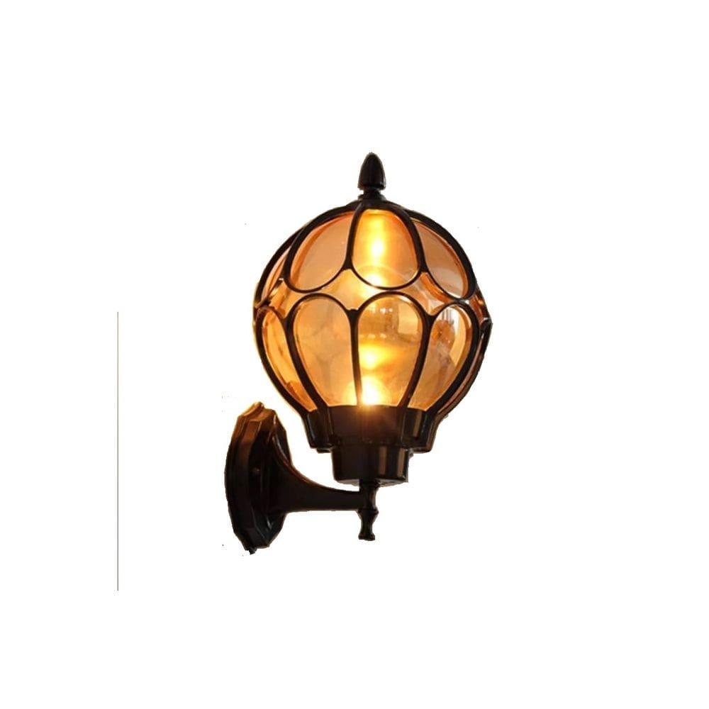 Luz de parede tipo globo: ferro forjado e vidro âmbar