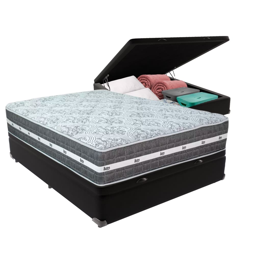 Cama Box com Baú Preto e Colchão Casal Black Grafit Anjos