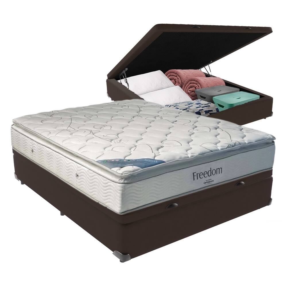 Cama Box com Baú Casal Marrom e Colchão Freedom Ortobom D33