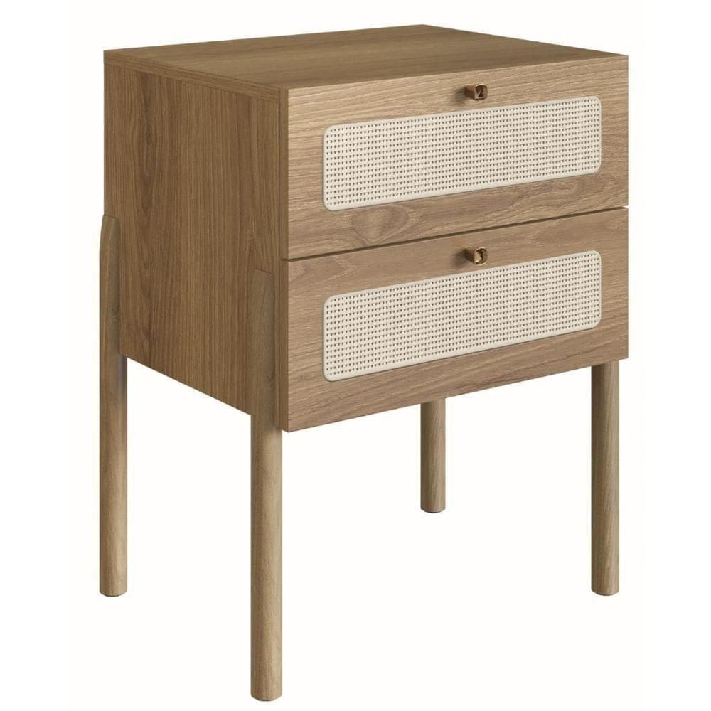 Mesa De Cabeceira Oslo Artesano 48 Cm (Largura) Em Mdp Palha Natural Duas Gavetas Base Metal