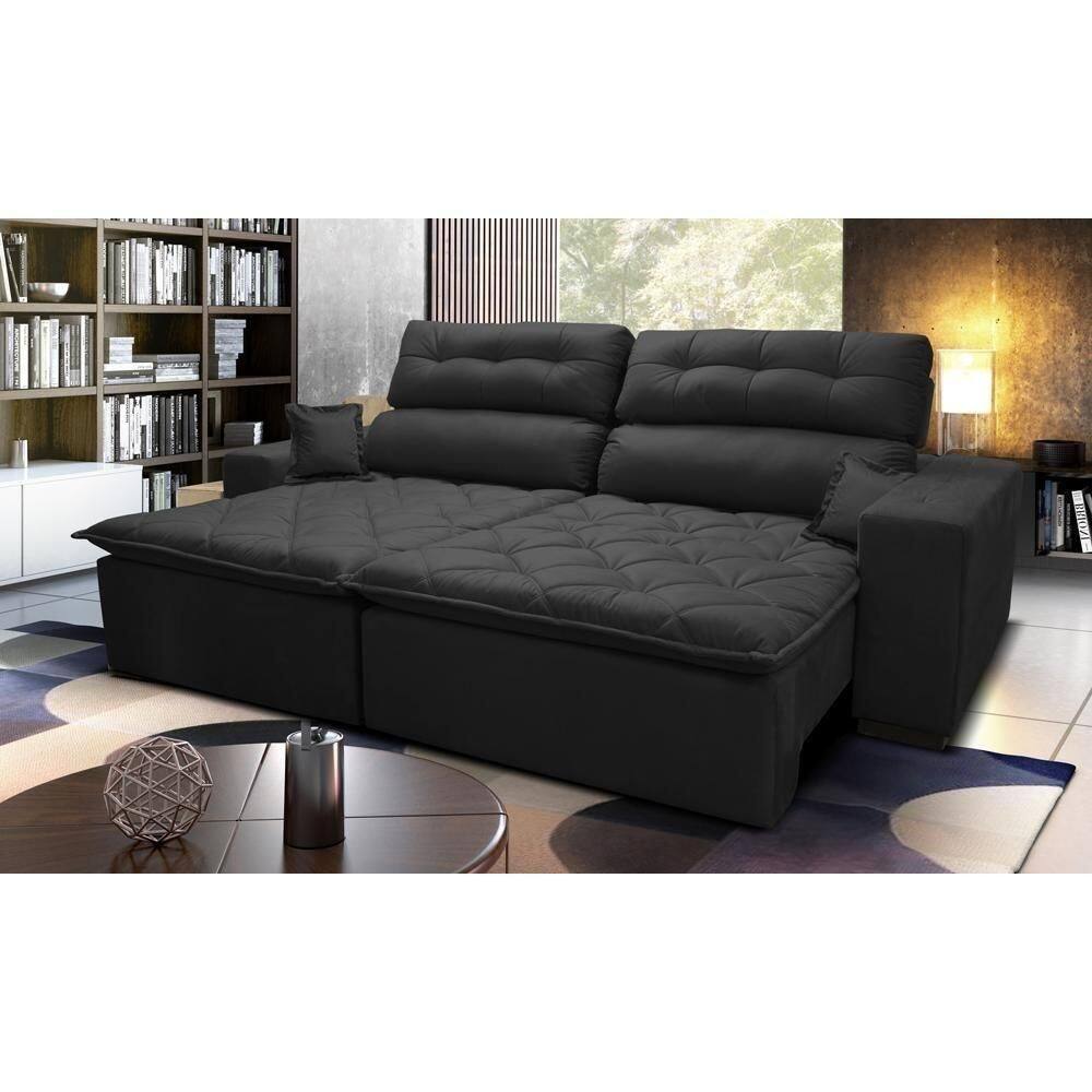 Sofá 2,22m Retrátil E Reclinável Com Molas Cama Inbox Confort Tecido Suede Velusoft Preto