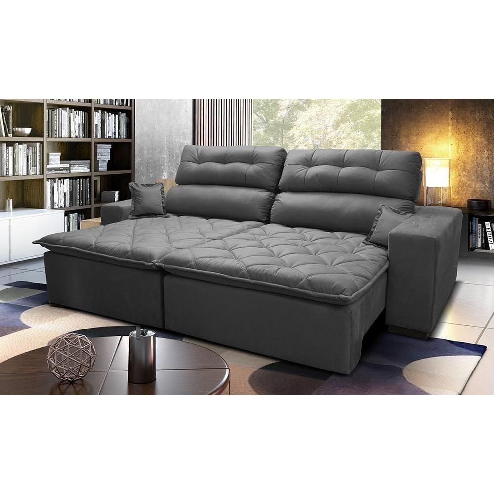 Sofá 2,92m Retrátil E Reclinável Com Molas Cama Inbox Confort Tecido Suede Velusoft Cinza