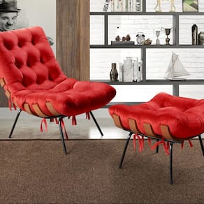 Poltrona Costela com Puff Base Fixa para Sala, Quarto Vermelho