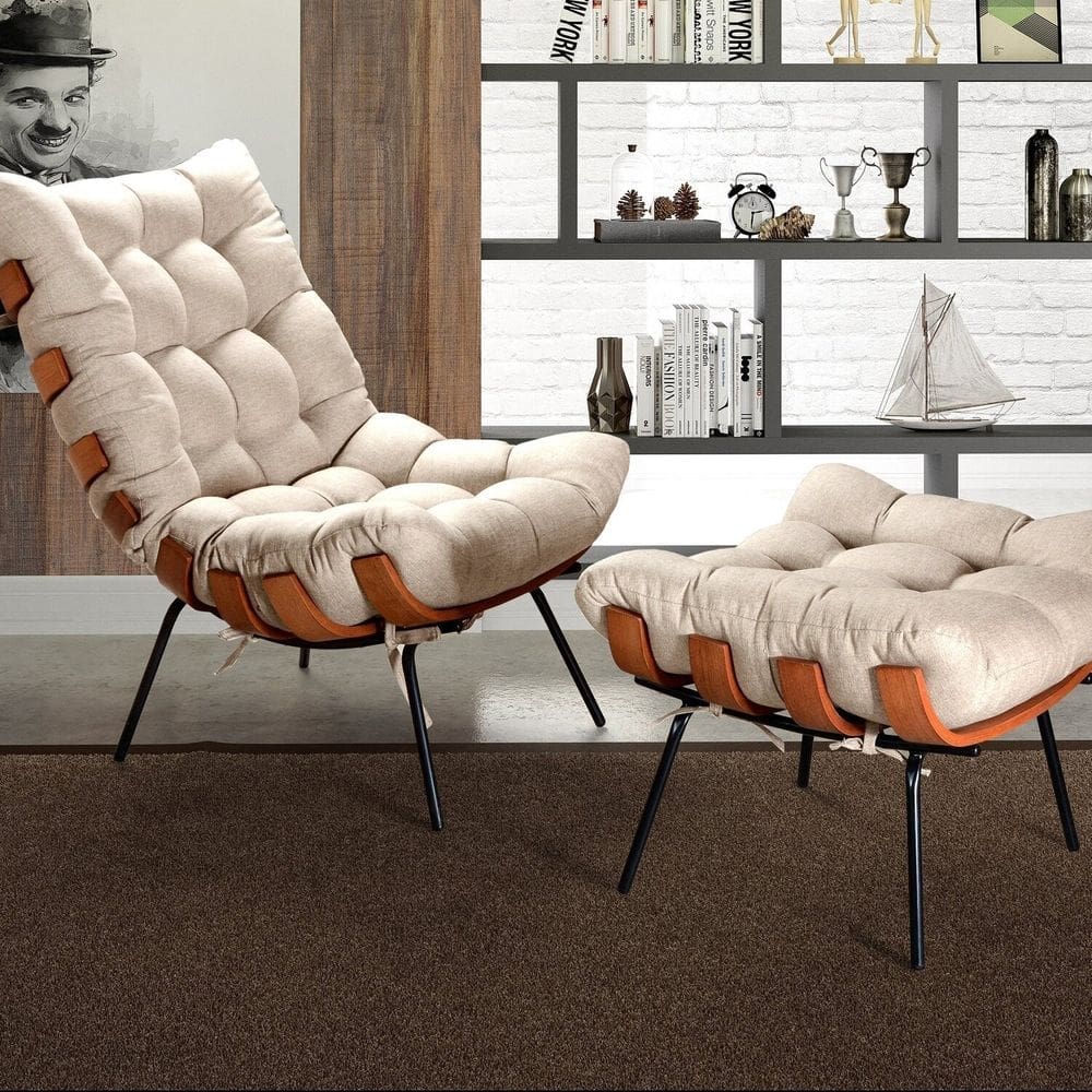 Poltrona Costela com Puff Base Fixa para Sala, Quarto Bege