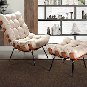 Poltrona Costela com Puff Base Fixa para Sala, Quarto Bege
