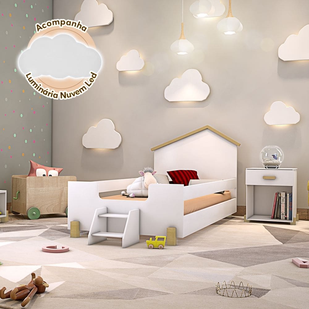 Cama de Criança Infantil com Escadinha Juvenil Ayla Branca e Natural Acompanha Luminária Led